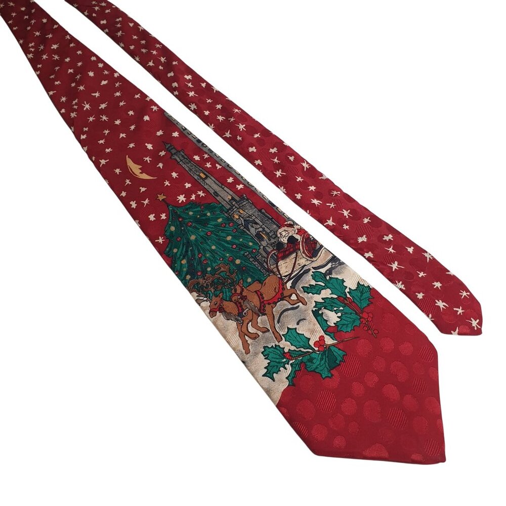 Vintage Woodward Christmas Necktie Santa Sleigh Reindeer Print Chicago Holiday